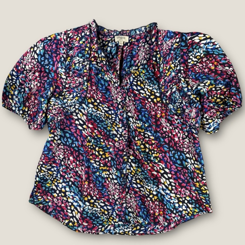 Umgee Boho Top Medium M‎ Colorful Leopard Print Ruffle Puff Sleeve Blouse